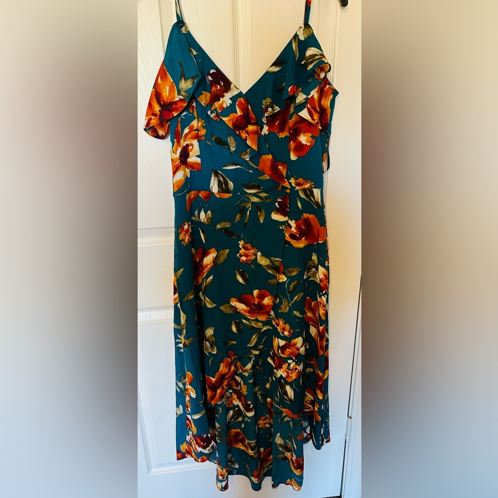 Teal Floral Print Off Shoulder Cinch Waist Flowing Dress